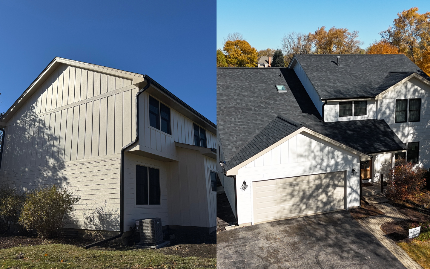 Split image showing two angles of a modern two-story house with cream-colored siding, black roof shingles, and black trim—expertly finished by a Painting Contractor—surrounded by autumn trees and a clear blue sky.