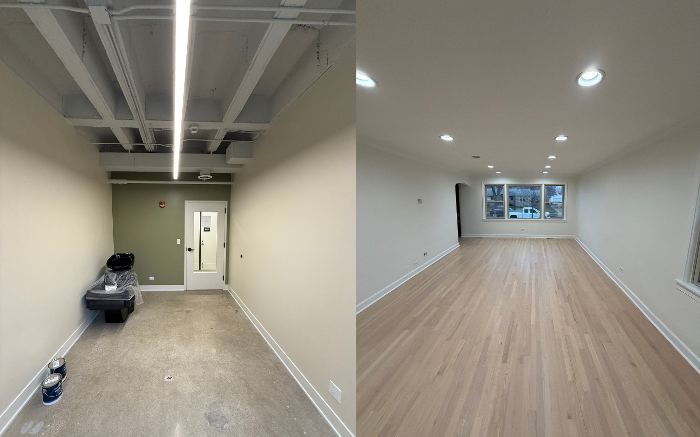 Side-by-side comparison: on the left, an unfinished space with exposed ceiling and bare concrete; on the right, a bright finished room by Standard Painting Company with a smooth white ceiling, recessed lights, and light wood flooring.